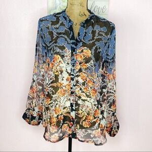 Hannah Sheer Floral‎ V-neck Collarless Blouse Small Long Sleeve Black Multi